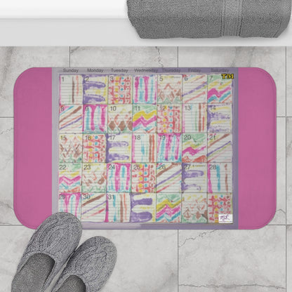 Bath Rug 34x21: "Psychedelic Calendar(tm)" - Seeped - MiE Designs Shop. Pink surrounds centered month w/varied patterns.