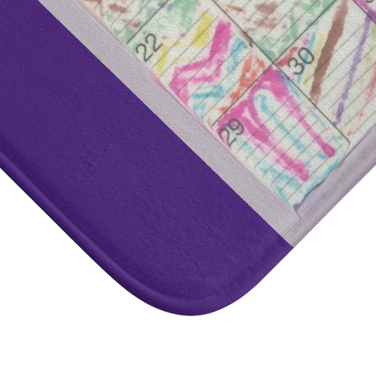 Bath Rug 34x21: "Psychedelic Calendar(tm)" - Seeped - MiE Designs Shop. Purple surrounds centered month w/varied patterns. Corner