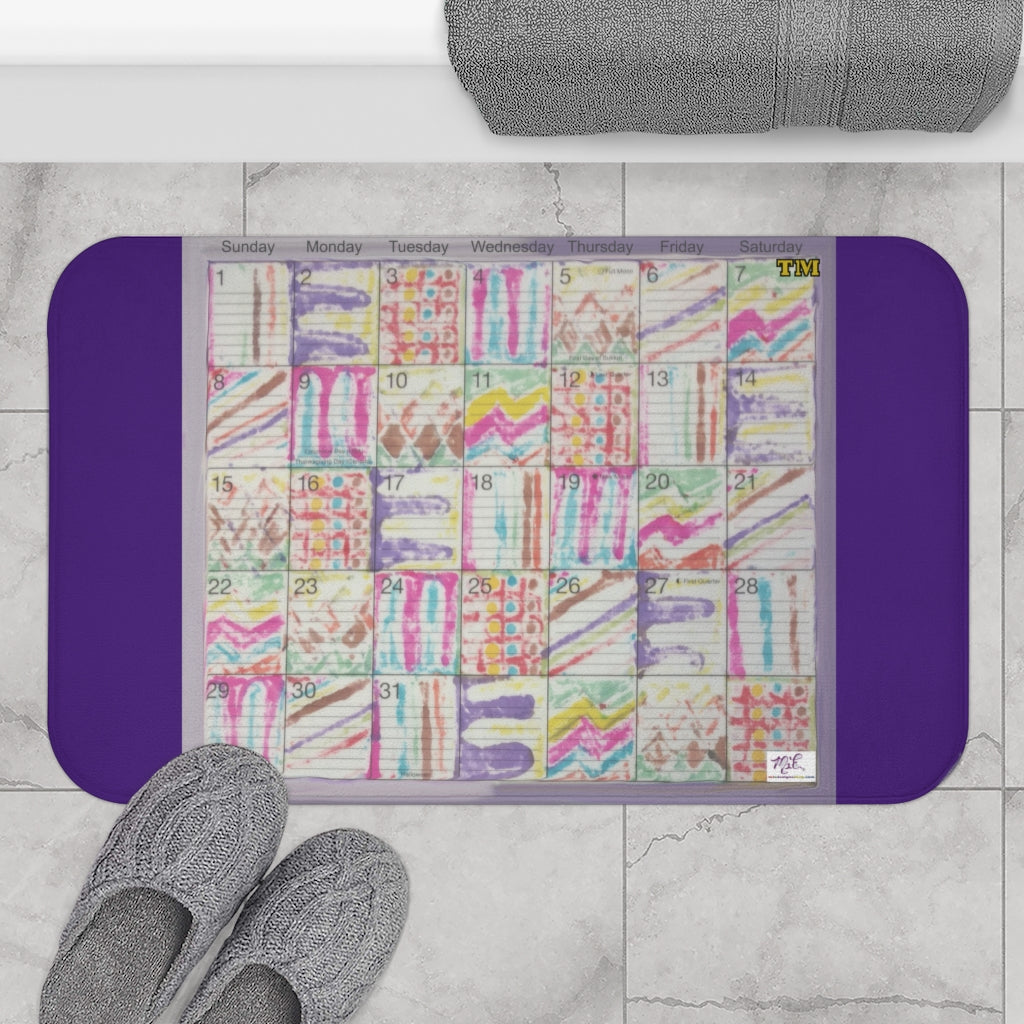 Bath Rug 34x21: "Psychedelic Calendar(tm)" - Seeped - MiE Designs Shop. Purple surrounds centered month w/varied patterns.