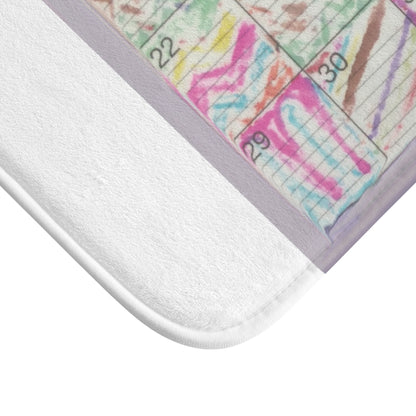 Bath Rug: "Psychedelic Calendar(tm)" - Seeped - MiE Designs Shop. White surrounds centered month w/varied patterns. Corner