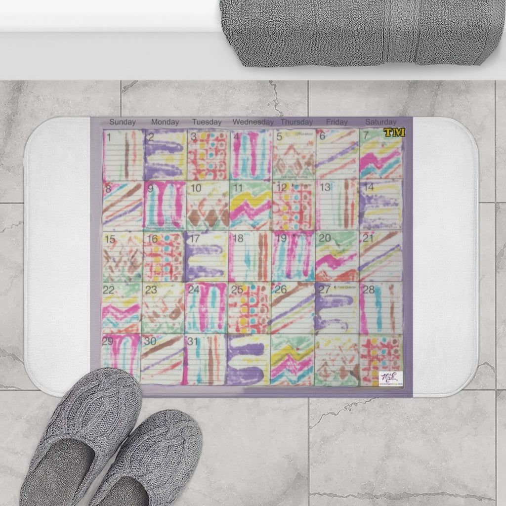 Bath Rug 34x21: "Psychedelic Calendar(tm)" - Seeped - MiE Designs Shop. White surrounds centered month w/varied patterns.