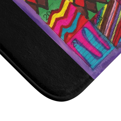 Bath Rug 34x21: "Psychedelic Calendar(tm)" - Vibrant - MiE Designs Shop. Black surrounds centered month w/varied patterns. Corner