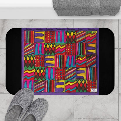 Bath Rug 34x21: "Psychedelic Calendar(tm)" - Vibrant - MiE Designs Shop. Black surrounds centered month w/varied patterns.