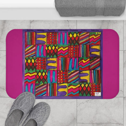 Bath Rug 34x21: "Psychedelic Calendar(tm)" - Vibrant - MiE Designs Shop. Dark pink surrounds centered month w/varied patterns.