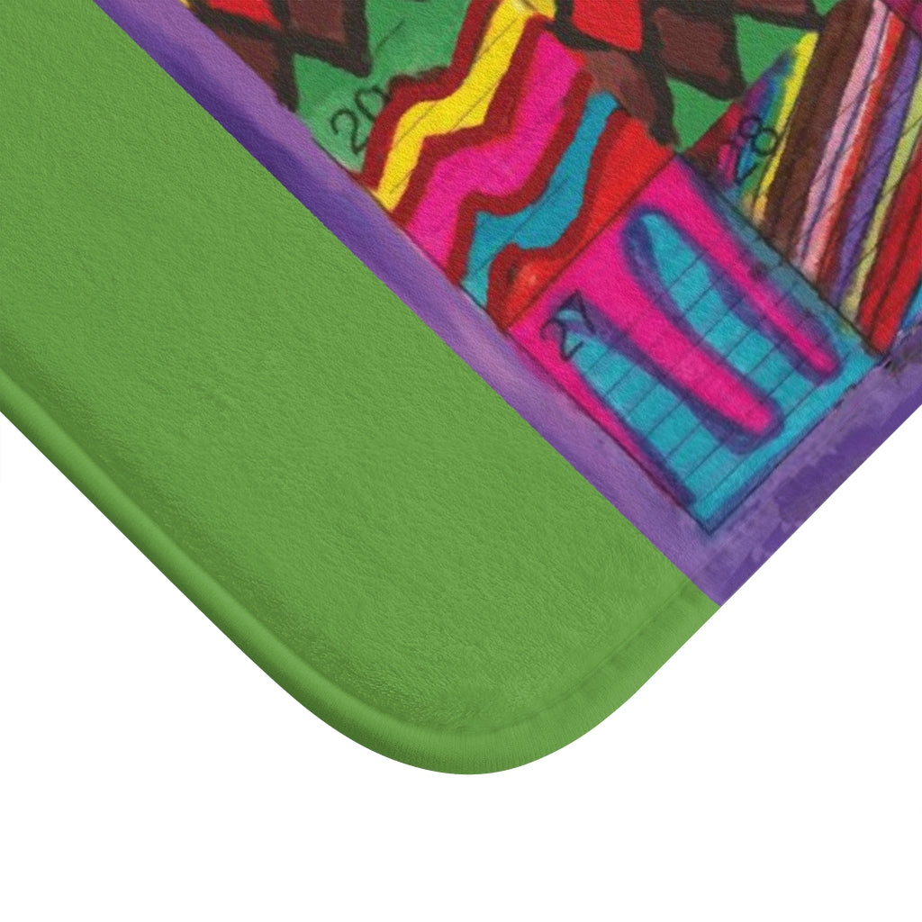 Bath Rug 34x21: "Psychedelic Calendar(tm)" - Vibrant - MiE Designs Shop. Green surrounds centered month w/varied patterns. Corner