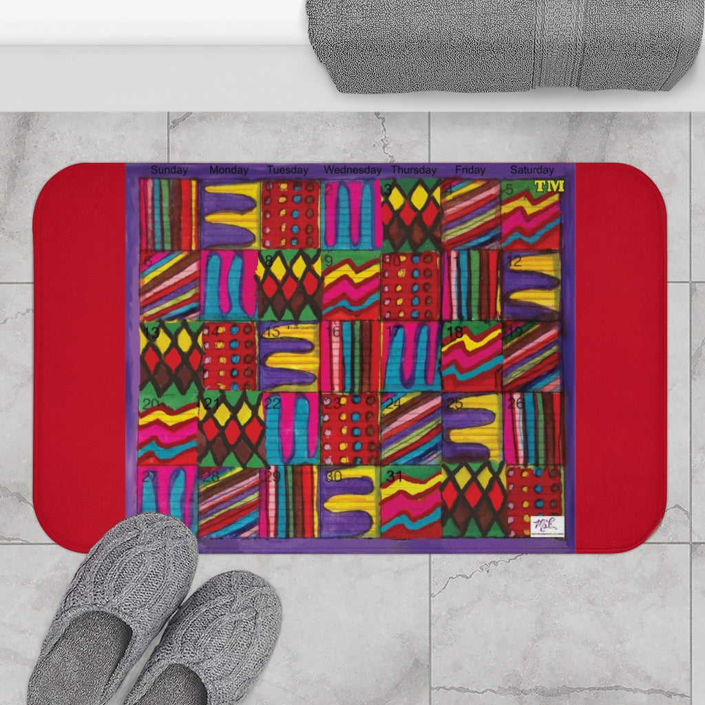 Bath Rug 34x21: "Psychedelic Calendar(tm)" - Vibrant - MiE Designs Shop. Red surrounds centered month w/varied patterns.