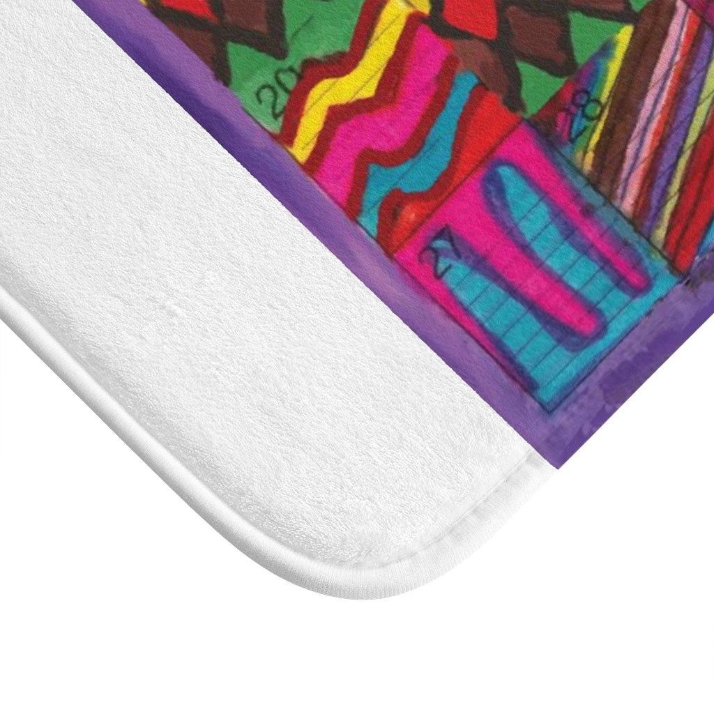 Bath Rug 34x21: "Psychedelic Calendar(tm)" - Vibrant - MiE Designs Shop. White surrounds centered month w/varied patterns. Corner