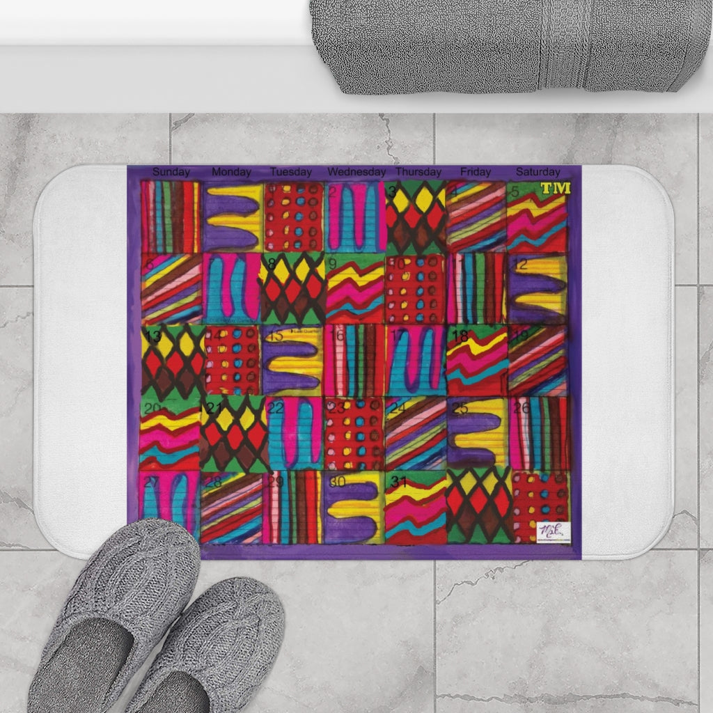 Bath Rug 34x21: "Psychedelic Calendar(tm)" - Vibrant - MiE Designs Shop. White surrounds centered month w/varied patterns.