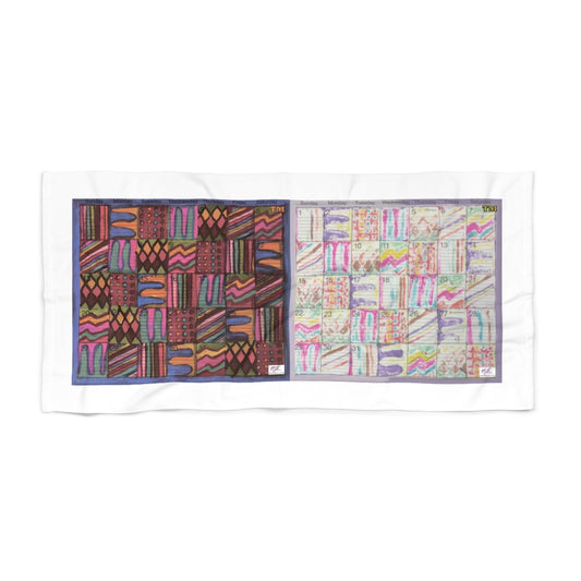 Beach Towel: "Psychedelic Calendar(tm)" - Muted/Seeped - MiE Designs Shop. Adjacent calendar months, 7 alternating bright/subdued patterns fill the days. 30x60