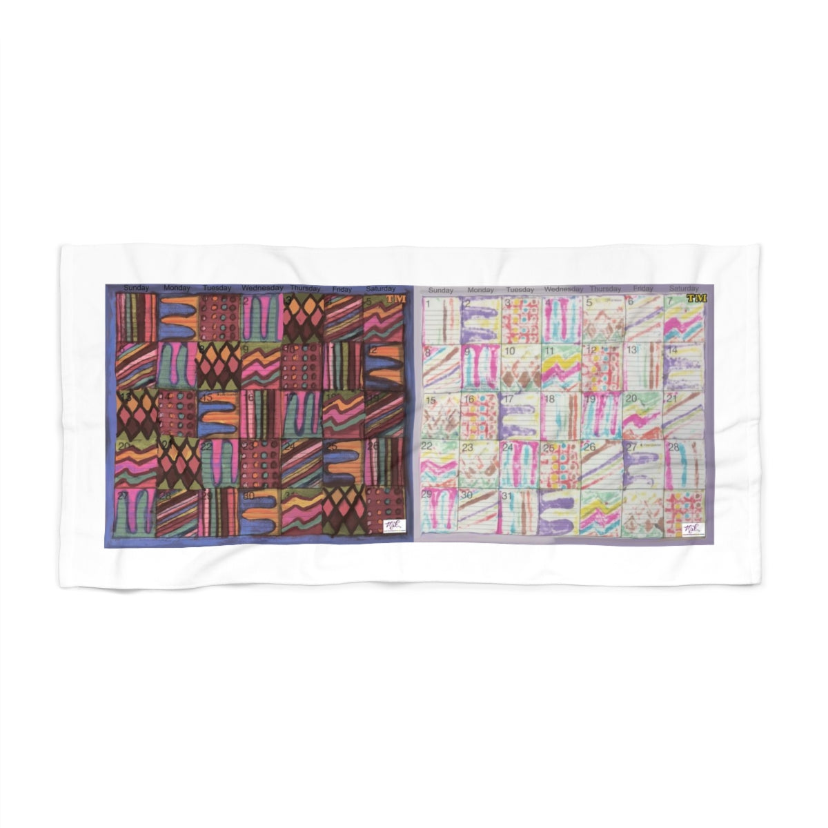 Beach Towel: "Psychedelic Calendar(tm)" - Muted/Seeped - MiE Designs Shop. Adjacent calendar months, 7 alternating bright/subdued patterns fill the days. 36x72