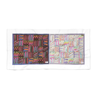 Beach Towel: "Psychedelic Calendar(tm)" - Muted/Seeped - MiE Designs Shop. Adjacent calendar months, 7 alternating bright/subdued patterns fill the days. 36x72