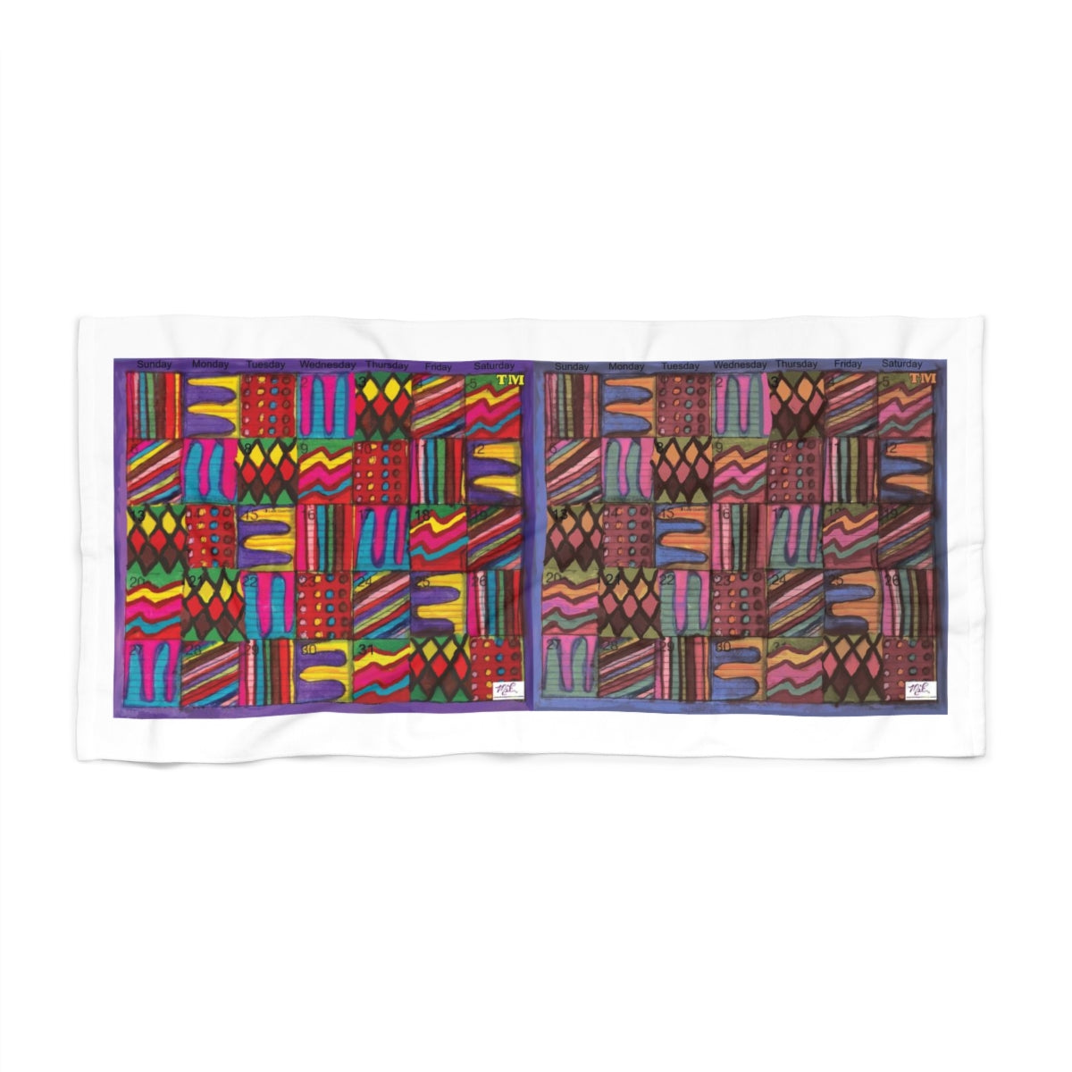 Beach Towel: "Psychedelic Calendar(tm)" - Vibrant/Muted - MiE Designs Shop. Adjacent calendar months, 7 alternating bright/subdued patterns fill the days. 30x60