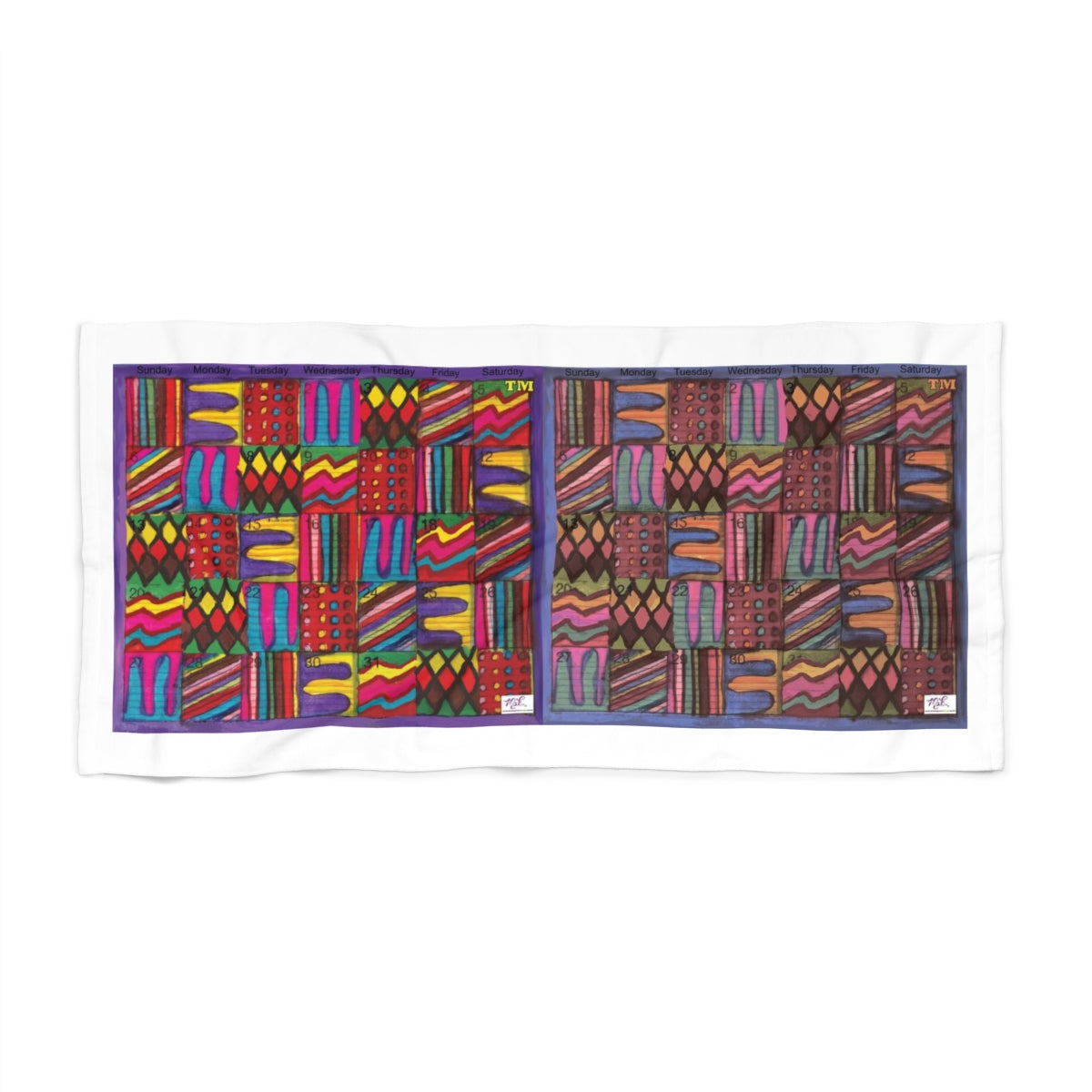 Beach Towel: "Psychedelic Calendar(tm)" - Vibrant/Muted - MiE Designs Shop. Adjacent calendar months, 7 alternating bright/subdued patterns fill the days. 36x72