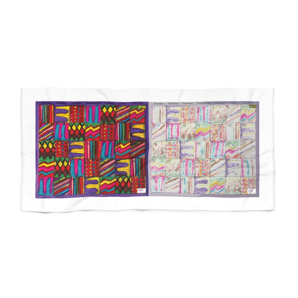 Beach Towel: "Psychedelic Calendar(tm)" - Vibrant/Seeped - MiE Designs Shop. Adjacent calendar months, 7 alternating saturate/bled-thru patterns fill the days. 30x60