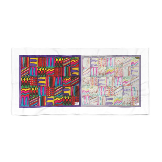 Beach Towel: "Psychedelic Calendar(tm)" - Vibrant/Seeped - MiE Designs Shop. Adjacent calendar months, 7 alternating saturate/bled-thru patterns fill the days. 30x60