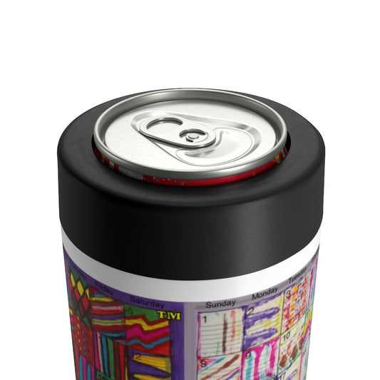 Can Holder 12oz:  "Psychedelic Calendar(tm)" - Vibrant/Seeped - No Text - MiE Designs Shop. 7 multicolor patterns alternate days of a month, one calendar a light "bonus" design.