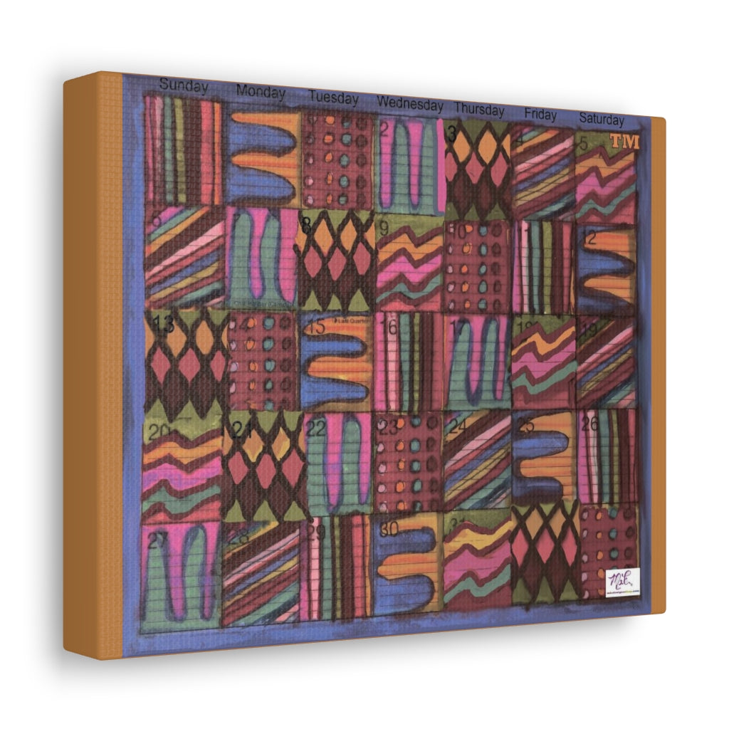 Canvas Gallery Wraps: "Psychedelic Calendar(tm)" - Muted - MiE Designs Shop. 7 patterns alternate daily in a calendar. Light brown sides. 14x11 sideview