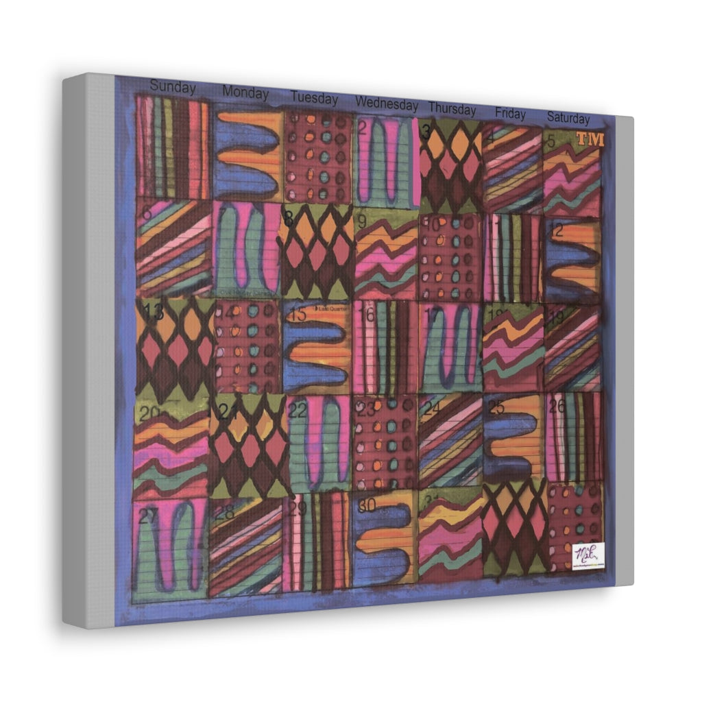 Canvas Gallery Wraps: "Psychedelic Calendar(tm)" - Muted - MiE Designs Shop. 7 patterns alternate daily in a calendar. Light gray sides. 14x11 sideview