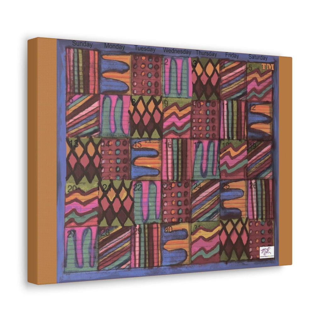 Canvas Gallery Wraps: "Psychedelic Calendar(tm)" - Muted - MiE Designs Shop. 7 patterns alternate daily in a calendar. Light brown sides. 16x12 sideview