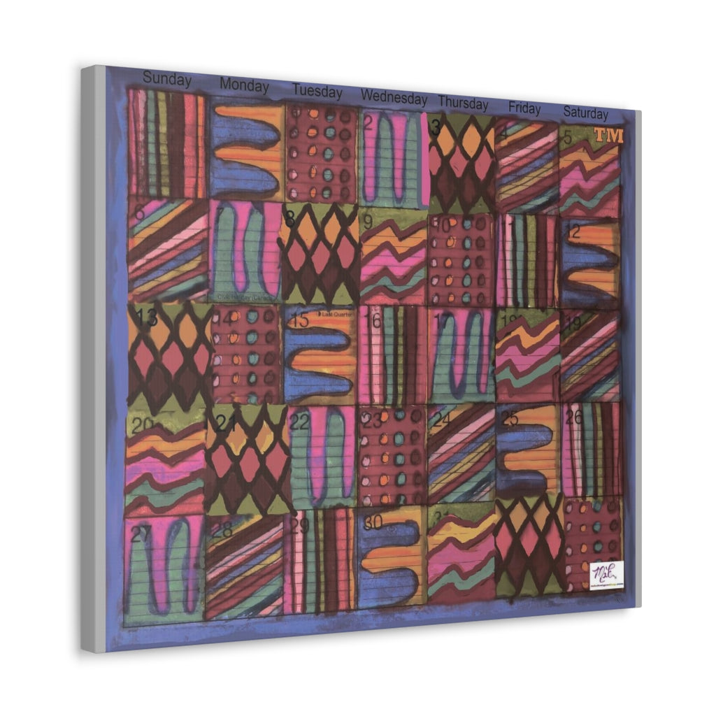 Canvas Gallery Wraps: "Psychedelic Calendar(tm)" - Muted - MiE Designs Shop. 7 patterns alternate daily in a calendar. Light gray sides. 24x20 sideview