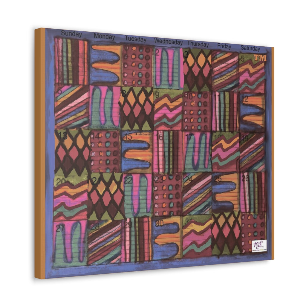 Canvas Gallery Wraps: "Psychedelic Calendar(tm)" - Muted - MiE Designs Shop. 7 patterns alternate daily in a calendar. Light brown sides. 24x20 sideview