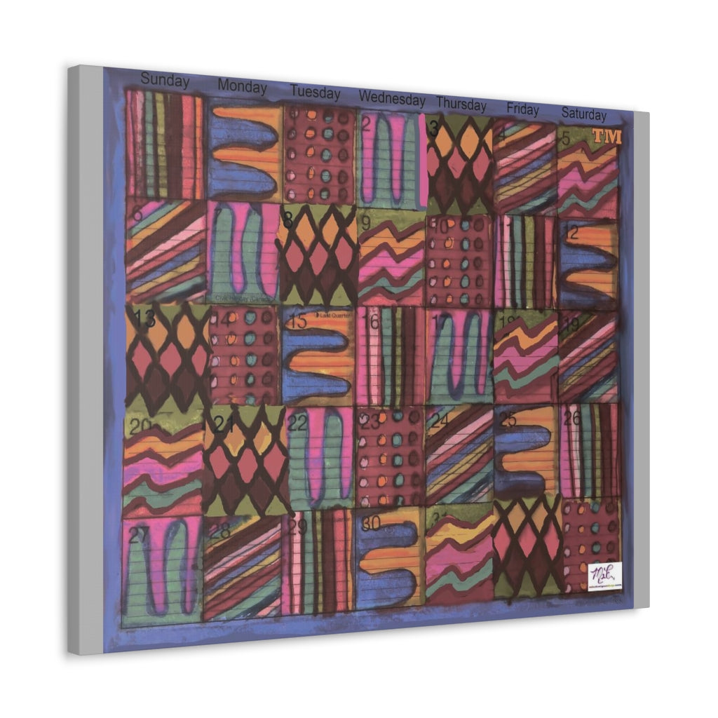 Canvas Gallery Wraps: "Psychedelic Calendar(tm)" - Muted - MiE Designs Shop. 7 patterns alternate daily in a calendar. Light gray sides. 30x24 sideview