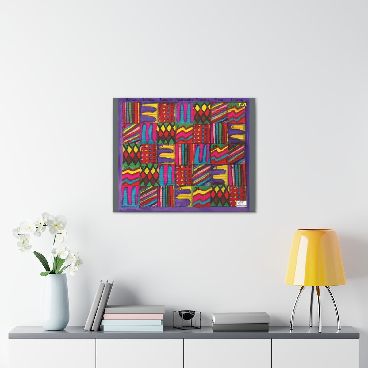 Canvas Gallery Wraps: "Psychedelic Calendar(tm)" - Vibrant - MiE Designs Shop. 7 patterns alternate daily in a calendar. Gray sides. 24x20 on wall