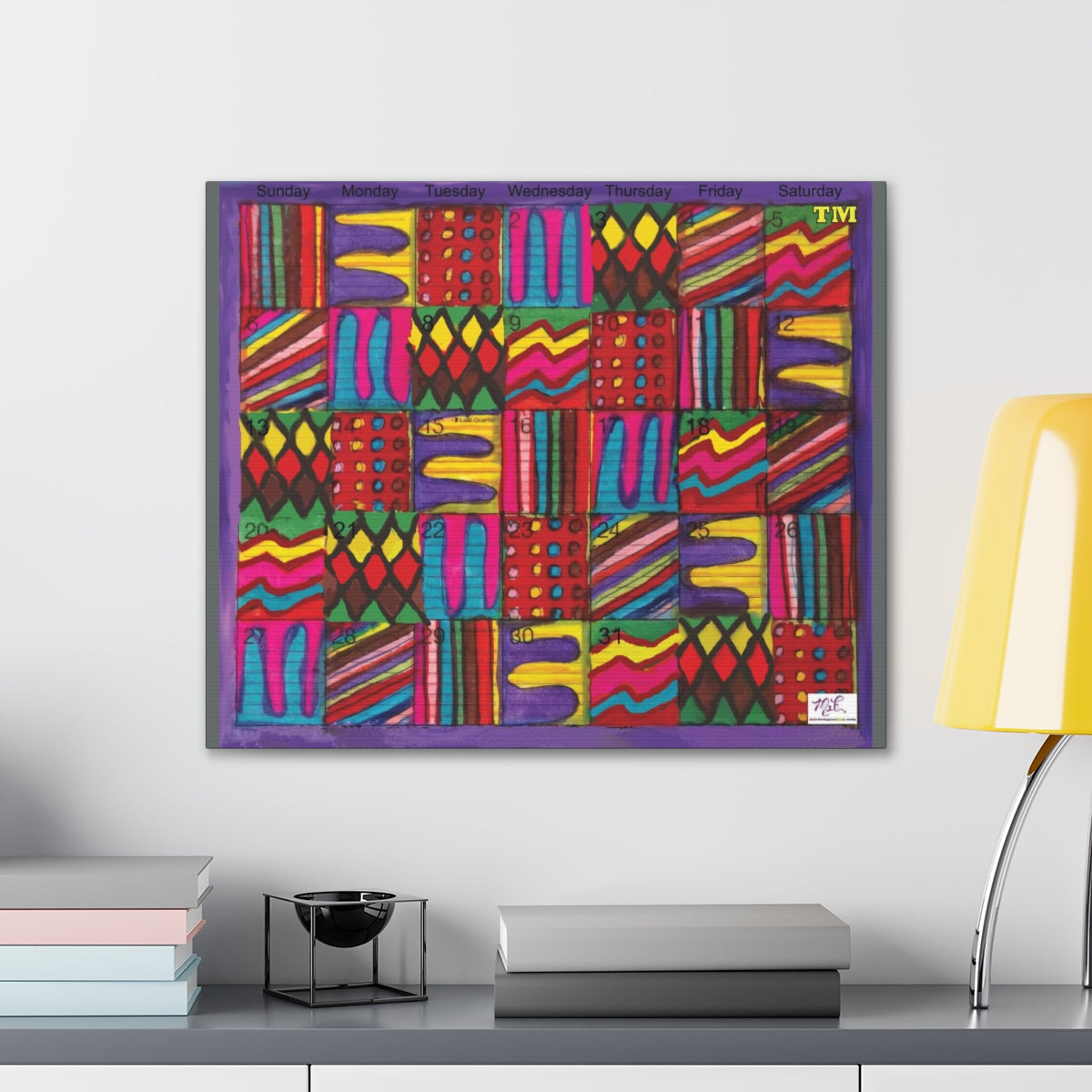 Canvas Gallery Wraps: "Psychedelic Calendar(tm)" - Vibrant - MiE Designs Shop. 7 patterns alternate daily in a calendar. Gray sides. 30x24 on wall