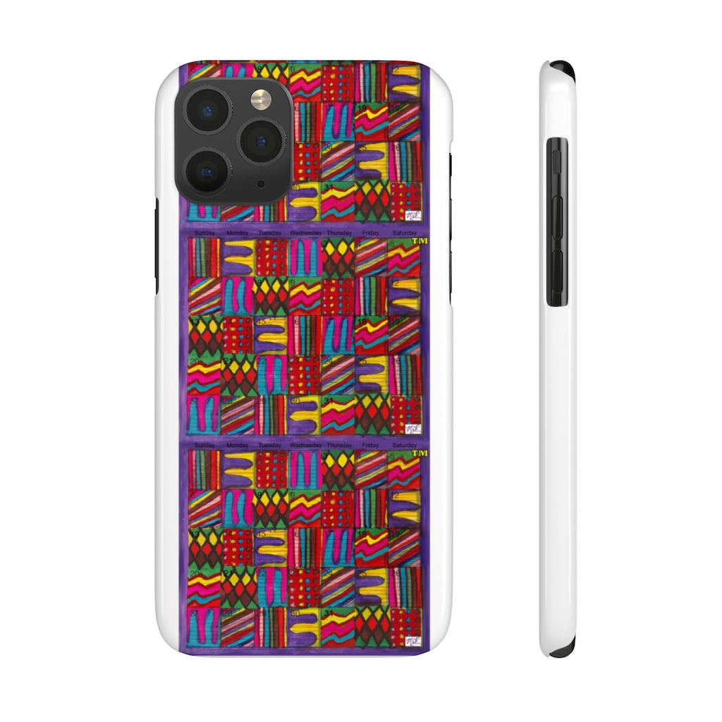 Case Mate Slim Phone Cases: Psychedelic Calendar(tm) - Dark Colors - MiE Designs Shop. Stacked, two and 2/3 prints of calendar, seven alternating drawings in saturated color.