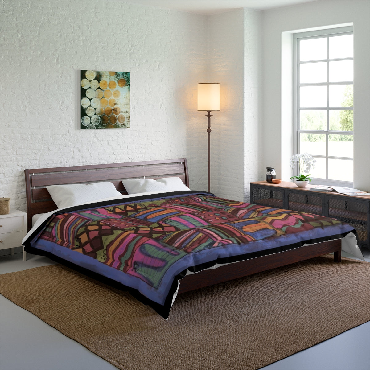 Comforter: Psychedelic Calendar(tm) - Muted - 104x88 - MiE Designs Shop. Barely visible black edges around calendar. Bedroom