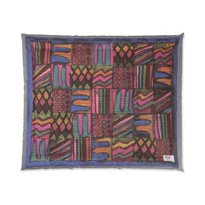 Comforter: Psychedelic Calendar(tm) - Muted - 104x88 - MiE Designs Shop. Barely visible gray edges around calendar. Flat