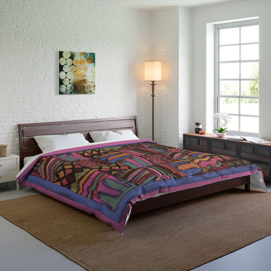 Comforter: Psychedelic Calendar(tm) - Muted - 104x88 - MiE Designs Shop. Barely visible pink edges around calendar. Bedroom