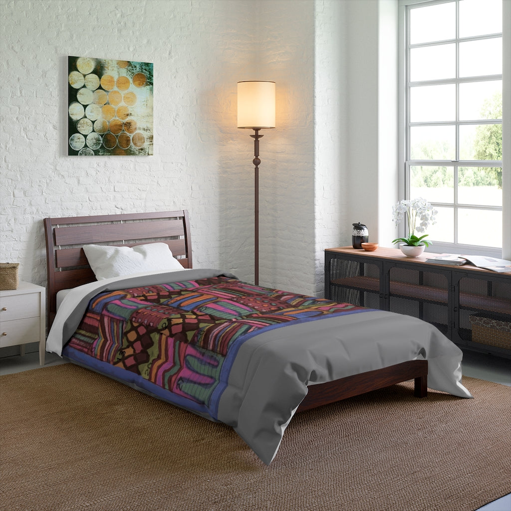 Comforter: Psychedelic Calendar(tm) - Muted - 68x88 - MiE Designs Shop. Thick gray bars above/below calendar. Bedroom