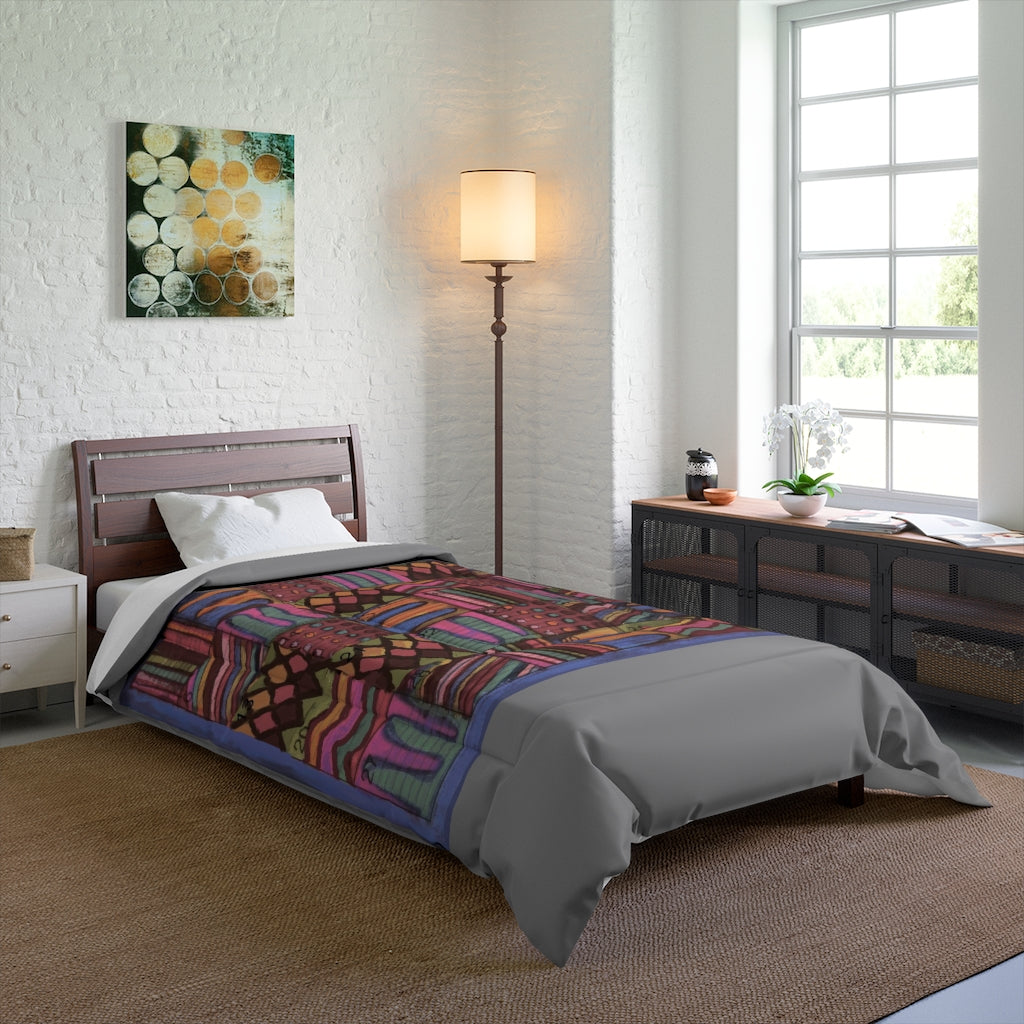 Comforter: Psychedelic Calendar(tm) - Muted - 68x92 - MiE Designs Shop. Thick gray bars above/below calendar. Bedroom