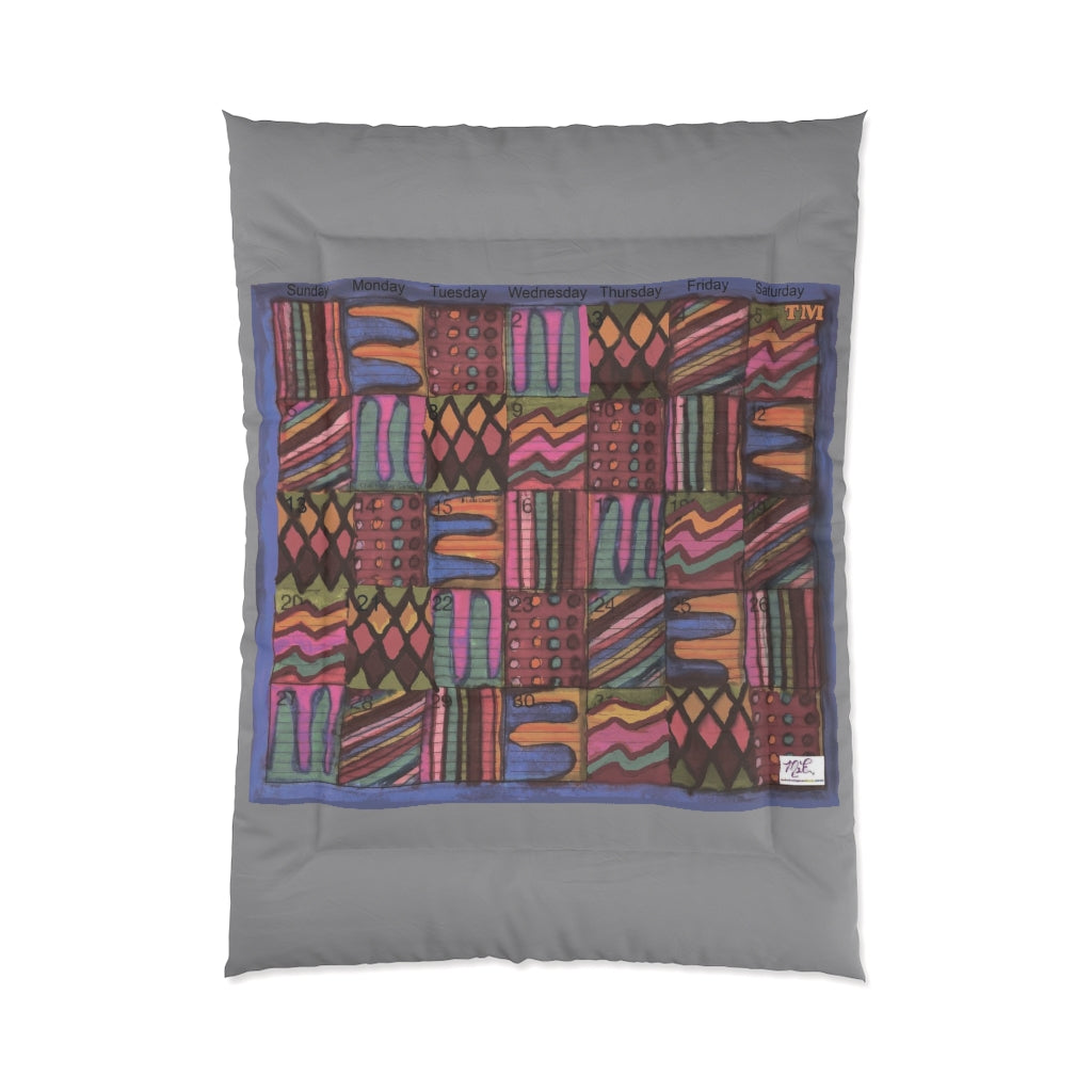 Comforter: Psychedelic Calendar(tm) - Muted - 68x92 - MiE Designs Shop. Thick gray bars above/below calendar. Flat