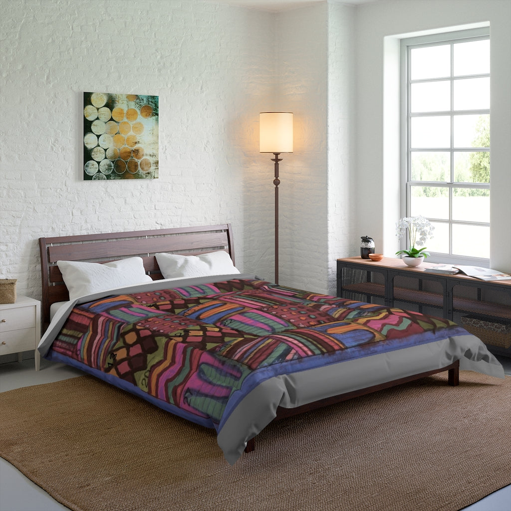 Comforter: Psychedelic Calendar(tm) - Muted - 88x88 - MiE Designs Shop. Thin gray bars above/below calendar. Bedroom