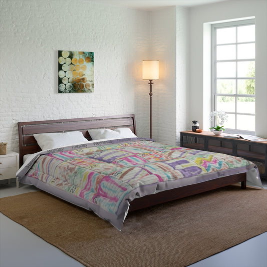 Comforter: Psychedelic Calendar(tm) - Seeped - 104x88 - MiE Designs Shop. Barely visible white edges @calendar. Bedroom
