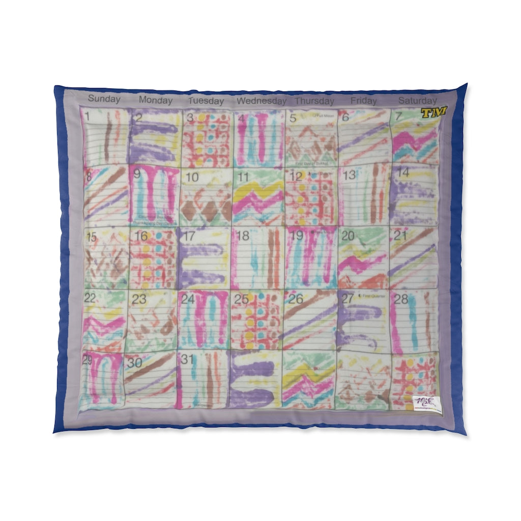 Comforter: Psychedelic Calendar(tm) - Seeped - 104x88 - MiE Designs Shop. Barely visible blue edges around calendar. Flat