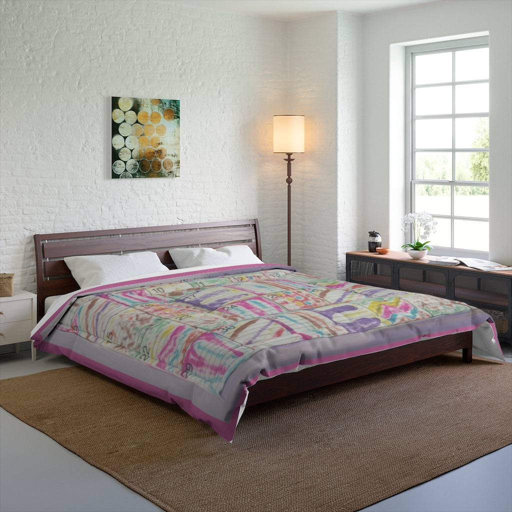 Comforter: Psychedelic Calendar(tm) - Seeped - 104x88 - MiE Designs Shop. Barely visible pink edges around calendar. Bedroom