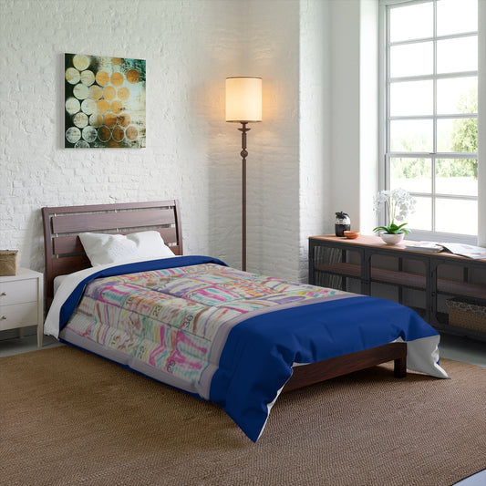 Comforter: Psychedelic Calendar(tm) - Seeped - 68x88 - MiE Designs Shop. Thick blue bars above/below calendar. Bedroom