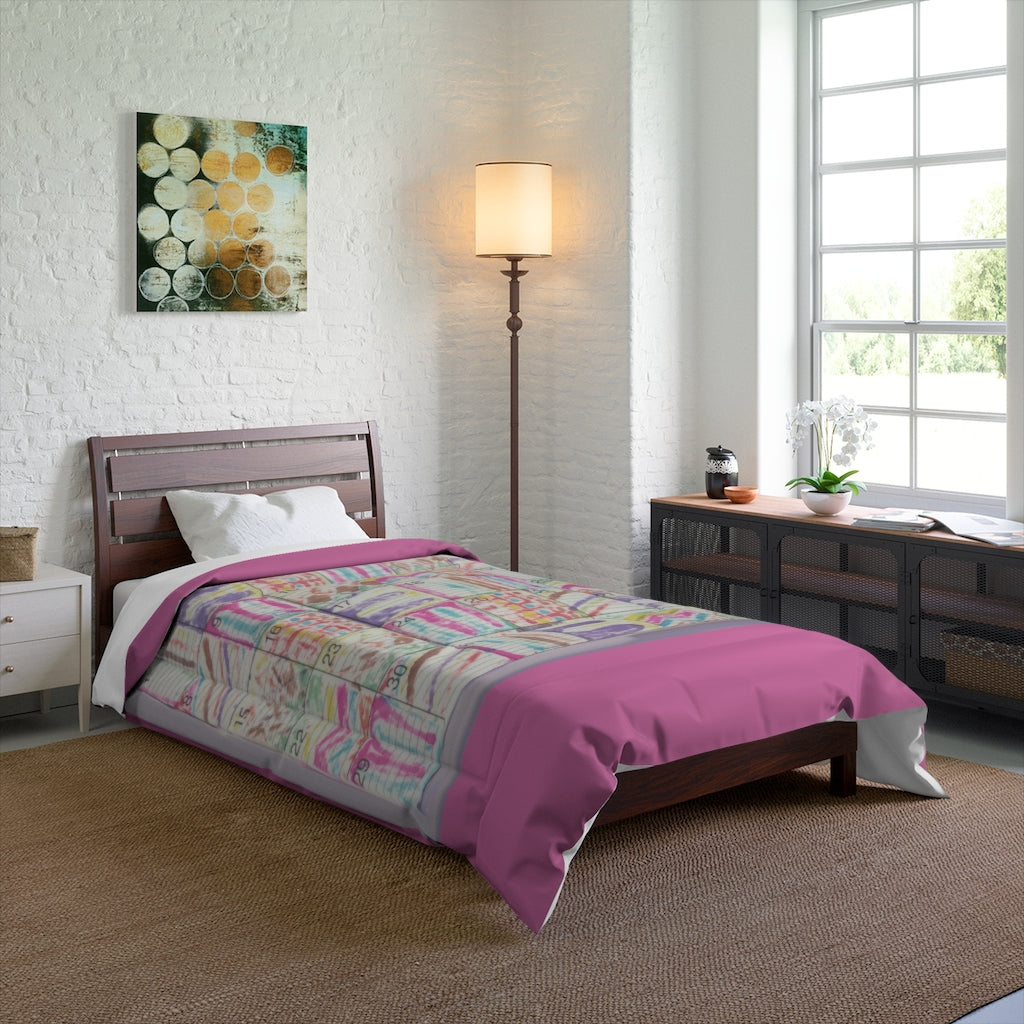 Comforter: Psychedelic Calendar(tm) - Seeped - 68x88 - MiE Designs Shop. Thick bars of pink above/below calendar. Bedroom