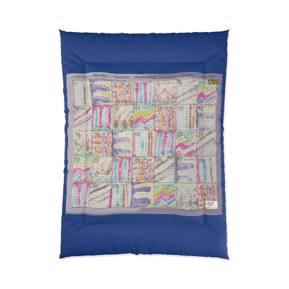 Comforter: Psychedelic Calendar(tm) - Seeped - 68x92 - MiE Designs Shop. Thick blue bars above/below calendar. Flat
