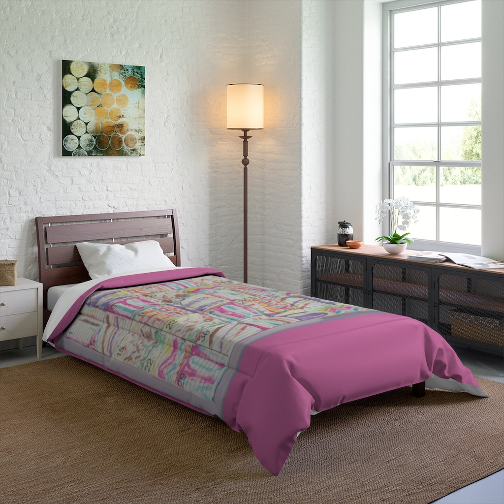 Comforter: Psychedelic Calendar(tm) - Seeped - 68x92 - MiE Designs Shop. Thick bars of pink above/below calendar. Bedroom