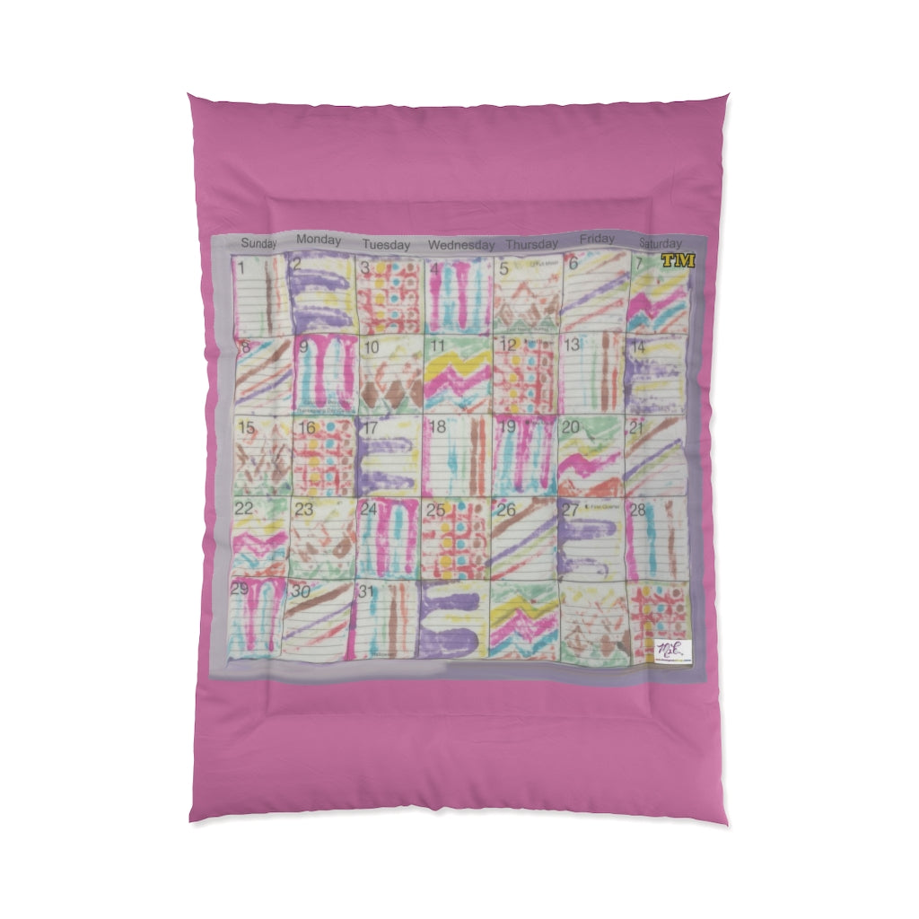 Comforter: Psychedelic Calendar(tm) - Seeped - 68x92 - MiE Designs Shop. Thick bars of pink above/below calendar. Flat