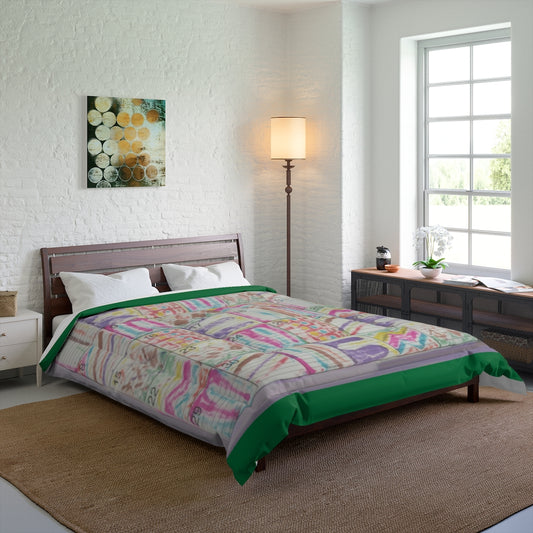 Comforter: Psychedelic Calendar(tm) - Seeped - 88x88 - MiE Designs Shop. Thin bars of dk green above/below calendar. Bedroom