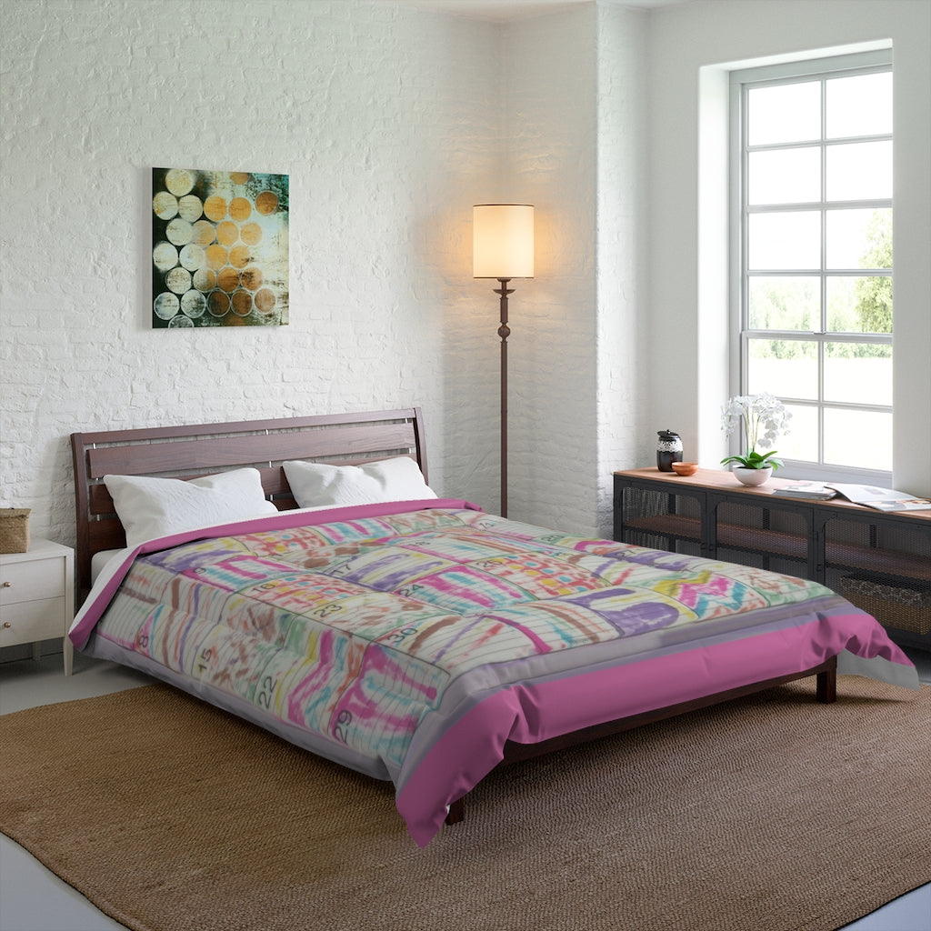 Comforter: Psychedelic Calendar(tm) - Seeped - 88x88 - MiE Designs Shop. Thin bars of pink above/below calendar. Bedroom