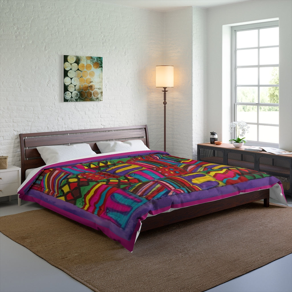 Comforter: Psychedelic Calendar(tm) - Vibrant - 104x88 - MiE Designs Shop. Barely visible dark pink edges @calendar. Bedroom