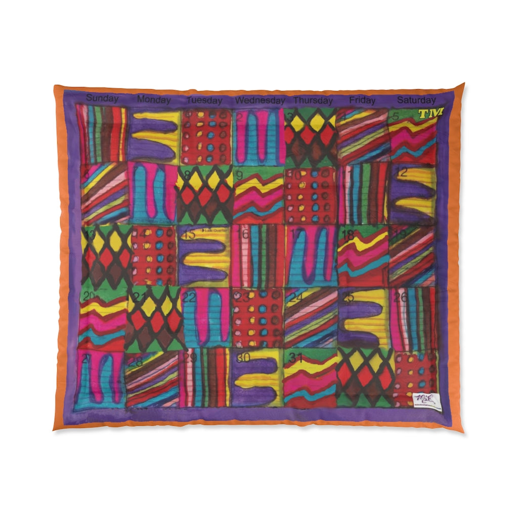 Comforter: Psychedelic Calendar(tm) - Vibrant - 104x88 - MiE Designs Shop. Barely visible orange edges around calendar. Flat
