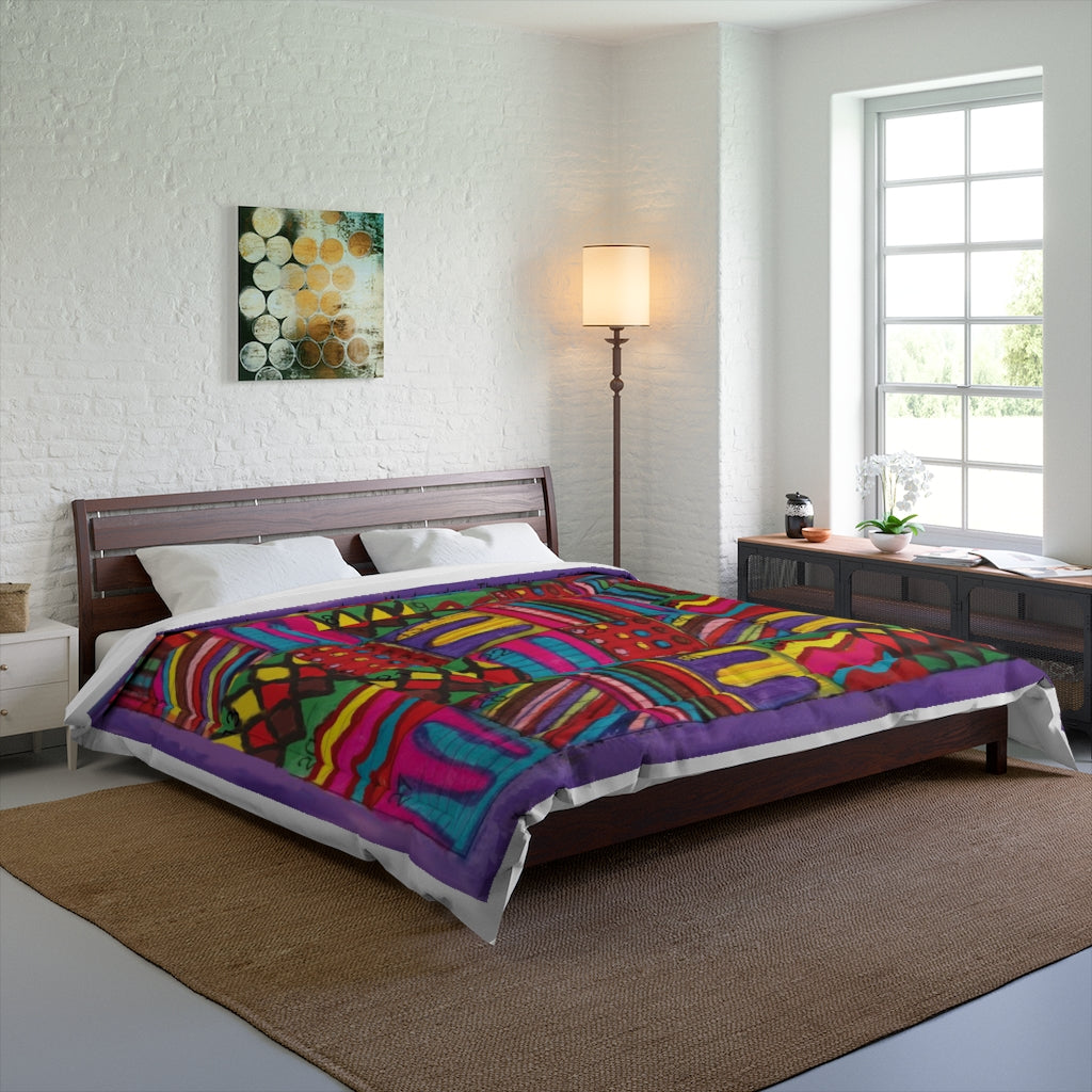 Comforter: Psychedelic Calendar(tm) - Vibrant - 104x88 - MiE Designs Shop. Barely visible white edges around calendar. Bedroom