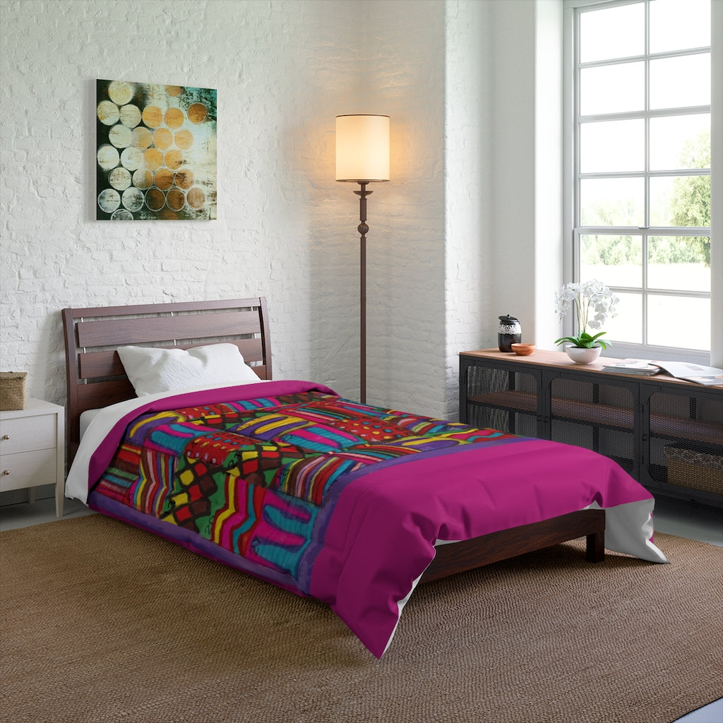 Comforter: Psychedelic Calendar(tm) - Vibrant - 68x88 - MiE Designs Shop.  Thick bars dark pink above/below calendar. Bedroom
